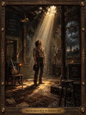 A solitary man stands inside a weathered, abandoned room as a powerful shaft of golden sunlight breaks through the damaged roof. Dark wood, brick, stormy windows, vintage instruments, and scattered objects create a brooding yet hopeful atmosphere. Painterly realism, deep browns, amber highlights, and ornate musical framing reinforce the dramatic mood.