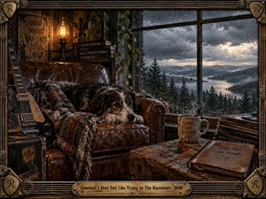 A weary dog rests on a worn leather chair in a rustic music room overlooking a stormy mountain lake. Warm amber lamplight contrasts with the cold gray landscape, while guitars, records, notebooks, and a steaming mug create an intimate, reflective mood. An ornate guitar-string frame completes the cinematic composition.