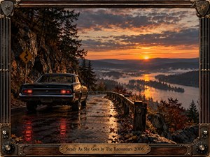 A black vintage muscle car follows a rain-slick mountain road above a misty river valley at sunset. Warm orange light reflects across wet pavement and distant water, contrasting with deep forest shadows. The cinematic composition feels steady, reflective, and purposeful, framed with weathered wood, metal hardware, guitar-string details, and a brass title plate.