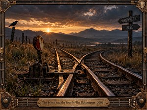 A weathered railroad switch divides gleaming tracks across a rugged mountain valley at sunset, creating a tense sense of choice and departure. Amber light cuts beneath storm clouds, illuminating dry grasses, a black crow, distant water, and a wooden signpost. The cinematic photographic style emphasizes rust, texture, depth, and western atmosphere.