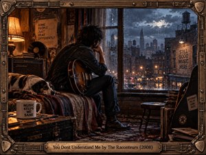 A solitary guitarist sits beside a rain-streaked window overlooking a stormy city skyline, lost in quiet reflection. Warm amber lamplight contrasts with cool blue night tones, while records, books, a resting dog, and weathered furnishings create intimate nostalgia. An ornate guitar-inspired metal frame reinforces the cinematic rock atmosphere.