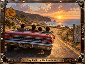 A red vintage convertible carries four relaxed travelers along a winding coastal highway at sunset, surrounded by rugged cliffs, ocean reflections, golden grasses, and glowing clouds. Warm orange light creates a carefree nostalgic mood, while the detailed retro painting style and ornate music-themed frame reinforce the late-1960s atmosphere.