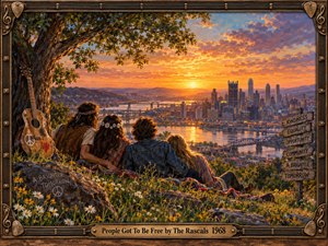 A warm retro painting shows four young people gathered on a flowered hillside beneath a broad tree, overlooking a glowing river and city skyline at sunset. Golden orange light, richly textured brushwork, an acoustic guitar, peace symbols, and rustic signposts create an optimistic 1960s atmosphere of unity, hope, and freedom.