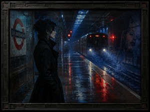 A mysterious woman waits beside a rain-slicked underground platform as an approaching train cuts through blue mist and red signal light. Glamour, tension, and emotional distance meet cinematic brushwork, while the industrial frame and intense reflections create a bold, atmospheric artwork charged with hypnotic trip-hop energy.
