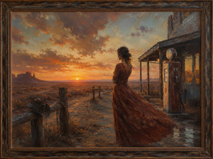 A solitary woman watches the sun sink beyond an abandoned desert road, where a weathered gas pump, empty hitching rail, and forgotten cowboy hat suggest a vanished way of life. Rich sunset colors and flowing brushwork create a powerful scene of longing, independence, and fading Western dreams.