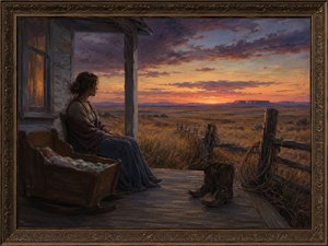Seated quietly on a farmhouse porch, a woman looks across the endless prairie while an empty pair of cowboy boots and a coiled rope rest nearby. The glowing horizon, rustic cradle, and sweeping evening sky capture the emotional distance between family life, romantic promises, and dreams that never returned.