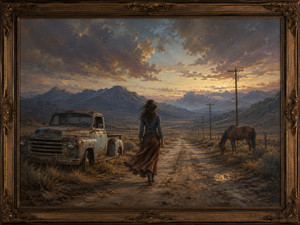 A lone woman walks toward distant mountains along a rugged country road, passing an abandoned pickup truck and a riderless horse. Dramatic clouds and weathered telephone poles guide the eye into the open landscape, creating a reflective portrait of courage, uncertainty, and the search for something once believed eternal.