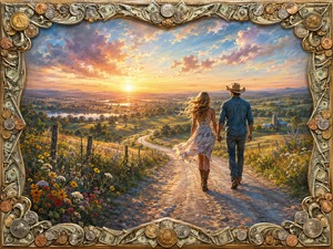 A couple walks hand in hand down a winding country road through wildflowers and warm evening light. The open hills, distant farm, and glowing sky suggest calm trust and natural destiny, reflecting the songs easy message that love does not need forcing when life unfolds exactly as it should.