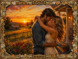 Locked in a tender embrace on a farmhouse porch at sunset, a couple shares a moment that feels complete and timeless. Warm light pours across the fields and flowers around them, capturing deep gratitude, devotion, and the overwhelming sense that nothing more is needed when love is already enough.