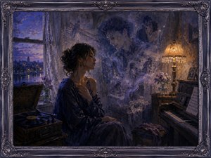A solitary woman listens beside an antique record player as twilight fills the room with blue and violet shadows. Warm lamplight illuminates a piano, fading photographs, and ghostly memories of love drifting through the air. The music exposes buried emotions, awakening longing, tenderness, vulnerability, and quiet heartbreak.