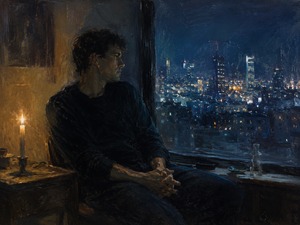 A solitary man sits beside a candlelit window, gazing across a restless city washed in midnight blue. Warm flame and distant lights divide the scene between comfort and isolation. His clasped hands and quiet posture suggest memory, doubt, and the private search for something honest enough to believe in.