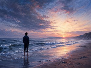 A lone figure stands barefoot at the edge of the sea as dawn opens across the horizon. Dark waves carry away the weight of night while rose and golden light spreads over the wet sand. The scene captures release, renewal, and the fragile courage required to trust life again.