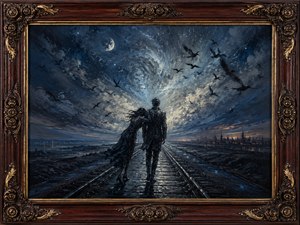 A devoted pair walks along rain-polished railway tracks beneath a swirling moonlit sky, leaning together against the wind. Dark birds scatter through silver clouds while distant industrial lights mark the horizon. Rich rosewood, routed inlay, gold leaf, and complex carved corners surround this haunting vision of loyalty and forward motion.