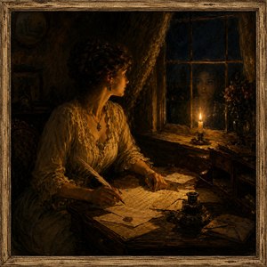A breathtaking candlelit masterpiece glows with romance, mystery, and old-world elegance. An elegant woman writes with a quill beside a ghostly window reflection, surrounded by warm shadows, aged letters, and rich antique detail. The sun-bleached wooden frame completes this dramatic, collectible artwork, ready to enchant any gallery wall today.