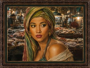 A richly detailed framed painting shows a woman in a colorful head scarf working inside a busy fish market. Warm hanging lights glow over tables piled with fresh fish, while workers move in the background. Her tan skin, makeup, cheekbones, earrings, and exposed shoulder give the portrait a polished, dramatic market-scene elegance.
