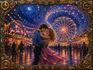Beneath a moonlit carnival sky, two lovers embrace before a blazing Ferris wheel as musical light sweeps through stars, crowds, and rain-bright reflections. Neon signs and attractions deepen the romantic energy. An elaborate frame of brass, copper, steel, and gold sprockets completes this celebration of devotion.