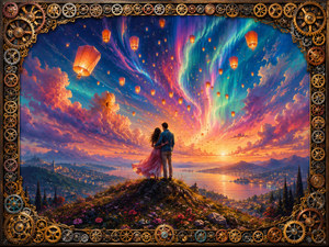 A devoted couple stands together on a flower-covered hill, watching lanterns rise through an aurora of turquoise, magenta, orange, and gold. Mountains, water, lights, and sunset reflections open beneath them. Intricate mixed-metal sprockets surround the vision, framing love as an uplifting journey toward wonder and possibility.