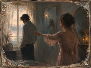 Inside a dim romantic room, a woman reaches toward a man turning silently toward the window. Warm amber light, cool coastal haze, fractured reflections, and a sand-strewn broken-glass frame capture the fragile instant when love remains present, yet trust and closeness begin slipping painfully, slowly away.