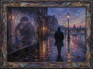 A solitary man walks through a rain-polished city while a ghostly embrace lingers within a storefront reflection. Violet twilight, glowing lamps, wet pavement, and an ornate broken-glass and sand frame blend past affection with loneliness, creating a haunting portrait of romance that will not release him.