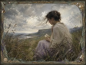 Seated among windswept coastal grasses, a thoughtful woman studies an old letter and treasured locket beneath restless gray clouds. Distant water, lavender wildflowers, weathered gold ornament, broken glass, shells, and sand frame her quiet sorrow, preserving a love remembered long after the final words were written.