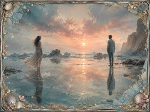 Two distant lovers stand apart across mirror-like tidal water as a peach sunset burns between them. Their elongated reflections almost meet, while rocks, mist, broken glass, shells, flowers, pearls, and sand surround the shore. The luminous scene captures unfinished devotion, separation, and feelings that continue lingering.