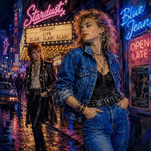 Electric neon spills across a rain-soaked 1980s street as a confident woman in vivid blue denim commands the foreground. Behind her, a mysterious glam-rock admirer watches beneath blazing theatre lights. Rich brushwork, reflected colour, and midnight energy transform the scene into a stylish portrait of romance, rebellion, and unforgettable nightlife.