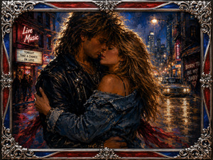 Rain-soaked city streets glow beneath neon signs as two young lovers hold each other close, nearly kissing amid wind, headlights, and reflected colour. Black leather, worn denim, and sweeping red fabric bring bold 1980s rock romance, while the intricate chrome frame with red and blue inlay adds dramatic polish.