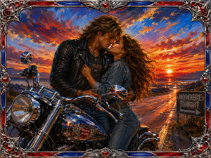 A chrome motorcycle gleams beside an open road while a windswept couple share a tender sunset embrace. Fiery clouds, distant lights, polished metal, leather, and denim create freedom, devotion, and youthful adventure. The elaborate chrome frame, enriched with red and blue inlay and winged hearts, completes the romantic rock vision.