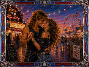 Twilight carnival lights surround a joyful couple dancing closely beneath glowing bulbs and a towering Ferris wheel. Neon signs, bustling crowds, wet boardwalk reflections, and vivid sunset colour capture carefree love and rock-and-roll energy. An ornate chrome frame with red and blue inlay and complex corners gives the celebration brilliant gallery presence.