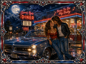 Moonlight, diner neon, and rain-polished pavement surround a laughing couple leaning against a gleaming classic convertible. Warm windows, red and blue reflections, vintage roadside signs, and rich chrome details create a nostalgic promise of love and adventure. The elaborate metallic frame crowns this vibrant romantic rock-era dream with polished elegance.