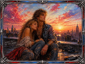 Dawn spills across the city as a devoted couple rests together on a weathered rooftop after a night of music. A glowing skyline, guitar, scattered belongings, distressed denim, and fiery clouds suggest loyalty, struggle, and hope. The ornate chrome frame with red and blue inlay preserves their quiet promise in bold detail.