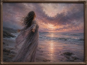 Standing before a radiant evening horizon, a solitary woman opens her arms to the ocean wind. Rolling waves, glowing clouds, and reflective sands surround her with quiet strength. The scene captures a deeply personal moment of release, where uncertainty fades and the heart finally accepts peace beneath the changing sky.