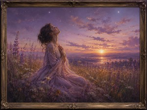 Among lavender wildflowers and golden grasses, a woman kneels beneath a violet sunset, holding her hands close to her heart. Her upward gaze suggests vulnerability, trust, and emotional surrender. Distant water and fading light create a tender landscape filled with reflection, hope, and the gentle promise of renewal.