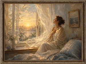 Golden morning light pours through an open window as sheer curtains rise softly in the breeze. Wrapped in pale fabric, a woman rests beside the glowing landscape with one hand over her heart. This intimate scene portrays the quiet acceptance that arrives when resistance ends and emotional healing begins.