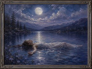 Floating beneath a luminous full moon, a woman allows the still lake to carry her through the night. Silver reflections, distant mountains, and quiet shoreline lights surround her peaceful form. The painting symbolizes complete trust, emotional release, and the freedom discovered when the soul finally lets go.