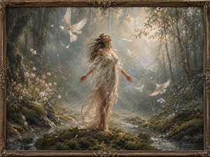 In a misty woodland clearing, a woman stands barefoot with open arms as white doves rise through shafts of light. Flowing fabric, moss-covered stones, and delicate blossoms create an atmosphere of grace and rebirth. The scene celebrates surrender as a courageous path toward freedom, hope, healing, and renewal.