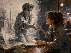 A young woman sits in a dimly glowing cafe as a mysterious man reaches toward her from an open sketchbook. Pencil streets and buildings rise from the pages, blending with the painted room. Their hesitant hands nearly meet, capturing wonder, romance, and the thrilling possibility of stepping into another world.
