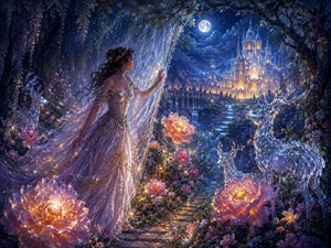 Beneath a brilliant moon, an enchanted woman steps through a shimmering forest toward a glowing castle. Crystal deer, enormous illuminated flowers, and sparkling waterfalls awaken around her. The scene captures the quiet wonder of discovering that love, courage, and belief can open a hidden path into a beautiful new life.