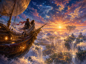 Two travelers stand together aboard an ornate airship sailing above a vast kingdom of clouds. Glowing constellations become whales, winged horses, and celestial creatures while floating islands and waterfalls surround them. The golden horizon suggests adventure, companionship, and the thrilling freedom of watching shared dreams expand beyond every imagined limit.