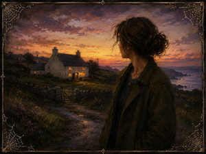 A solitary woman looks back toward a warmly lit coastal cottage as sunset spreads across rugged hills and quiet water. A winding path, stone walls, wildflowers, and delicate spider webs frame her longing. Rich brushwork transforms homecoming, distance, family roots, and remembered belonging into a deeply atmospheric painted reflection beautifully.