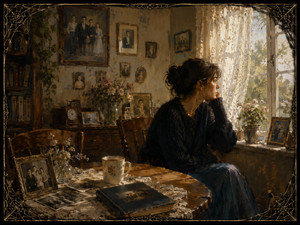 Surrounded by framed family portraits, old photographs, flowers, lace, and a treasured album, a thoughtful woman sits beside a sunlit window. Warm interior light and quiet household details preserve generations of memory. An intricate spider-web border encloses this tender meditation on absence, inheritance, love, and the enduring presence of home.