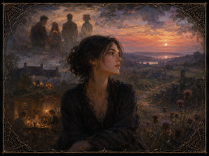 At twilight, a solitary woman rests before a sweeping countryside while translucent family memories gather around her: loved ones, a glowing cottage, and an intimate supper. Sunset water and purple thistles deepen the longing. An elegant spider-web frame contains this haunting tribute to ancestry, connection, home, and memories that remain.