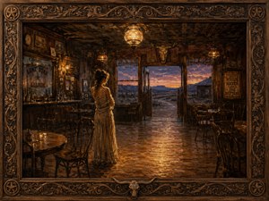 A solitary woman waits inside an empty Western saloon, surrounded by vacant tables and warm amber lanterns. Beyond the open doors, the desert glows beneath a fading sunset, yet no riders appear. The ornate longhorn frame deepens this haunting portrait of vanished romance, unanswered expectations, and the passing cowboy myth.
