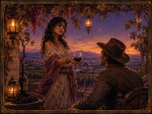Beneath lantern-lit grapevines, a mysterious woman offers a glass of deep red summer wine to a rugged traveler. The glowing vineyard, distant mountains, crescent moon, and richly carved golden frame create a romantic scene filled with temptation, warmth, and the dreamy intoxication of a perfect summer evening.