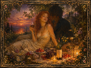 A red-haired woman reclines among wildflowers, strawberries, grapes, candles, and wine while her shadowed companion leans close. Sunset light shimmers across the distant water, blending romance with memory and enchantment. The ornate floral frame completes this lush, intimate celebration of summer wine and irresistible desire.