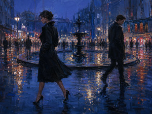 A woman and man circle a rain-darkened city fountain while passing without meeting. Deep blue evening tones, glowing storefronts, blurred pedestrians, and trembling reflections surround their separate paths. The repeating movement suggests unresolved attraction, emotional distance, and two lives returning endlessly to feelings neither person can fully escape or express.