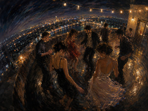 Above a glowing city, dancers gather beneath warm string lights on a rain-polished rooftop. Swirling brushwork carries the group around the terrace in a hypnotic rhythm while one red dress catches the night. The scene blends attraction, freedom, celebration, and melancholy, preserving a fleeting moment that seems destined to repeat.