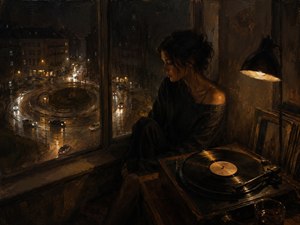 A solitary woman sits beside a spinning vinyl record while traffic circles through rain-bright streets below. Warm lamplight, dark clothing, stacked albums, and the glowing roundabout create an intimate atmosphere of memory and isolation. Every circular form suggests thoughts returning repeatedly, turning through longing without discovering a final answer or release.