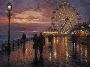 A couple walks along a wet seaside boardwalk as a brilliant Ferris wheel turns above carnival lights and twilight water. Golden reflections curve across the wooden planks while distant visitors drift through the evening. The scene transforms romance, nostalgia, uncertainty, and passing time into one luminous cycle of returning memories and desire.