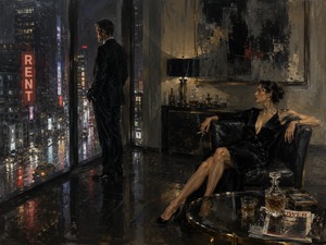 High above a rain-soaked city, a sharply dressed couple occupies a luxurious apartment filled with polished glass, dark marble, and quiet tension. He watches the neon streets from the window while she reclines in guarded elegance, revealing a relationship shaped by wealth, dependence, distance, and unspoken control.